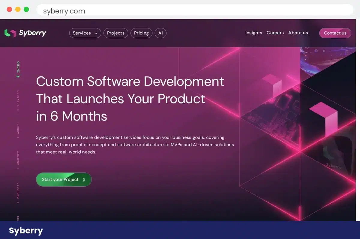 Syberry homepage hero section with custom software development headline and 6 month product launch message
