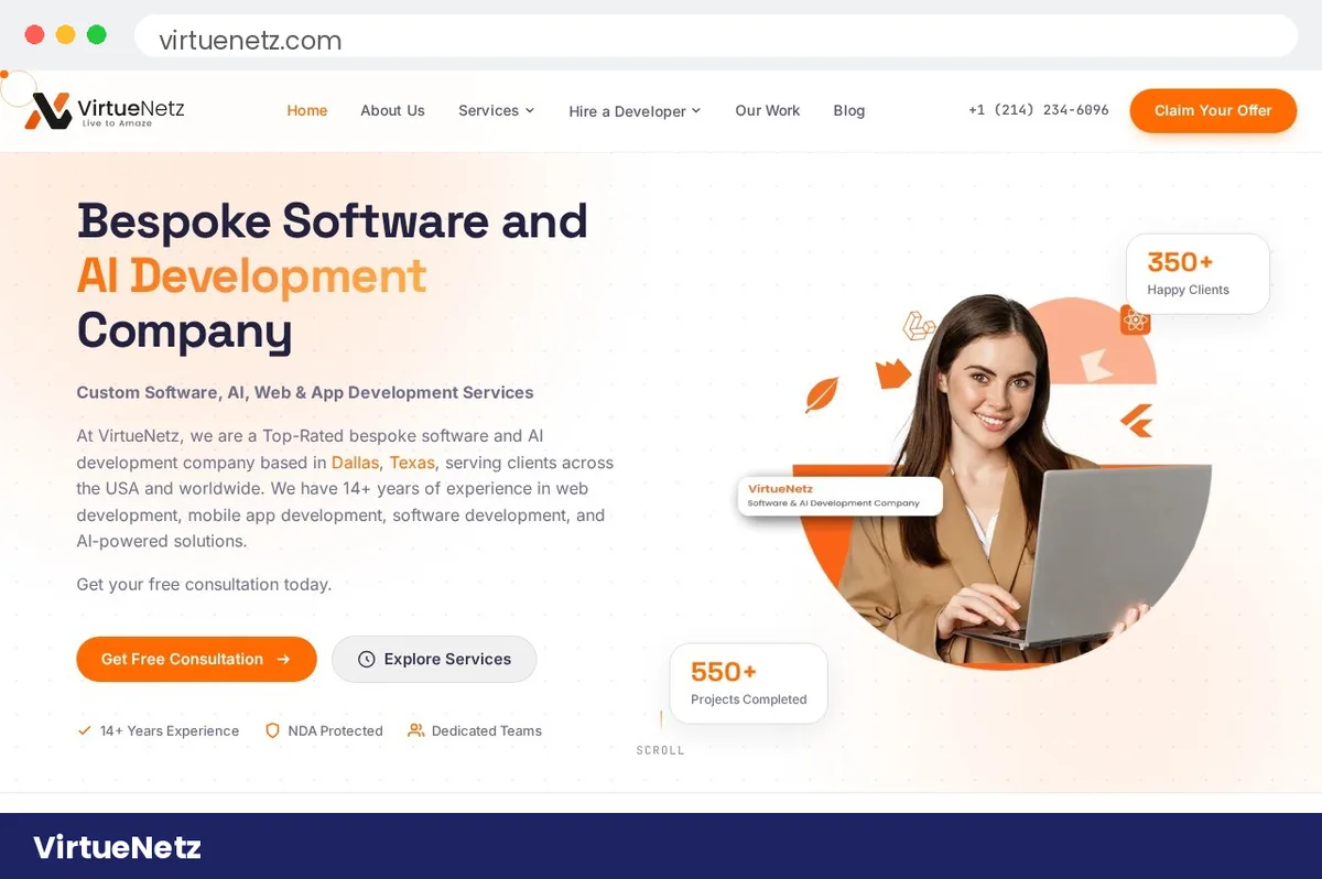 VirtueNetz homepage hero screenshot, Dallas AI automation agency